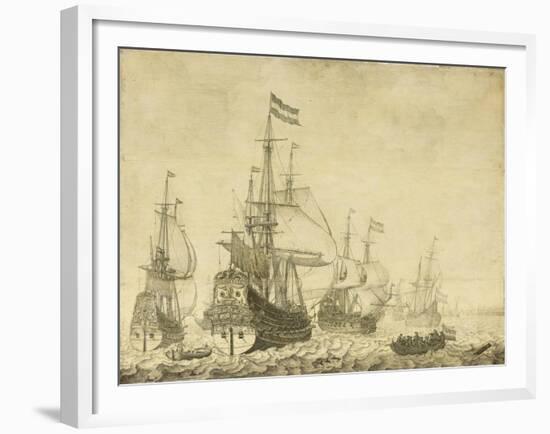 Seascape with Dutch Men-of-War including the 'Drenthe' and the 'Prince Frederick-Henry', c.1670-Willem Van De, The Younger Velde-Framed Giclee Print