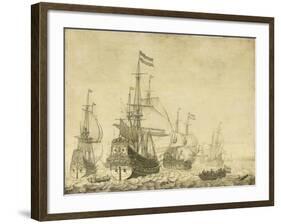 Seascape with Dutch Men-of-War including the 'Drenthe' and the 'Prince Frederick-Henry', c.1670-Willem Van De, The Younger Velde-Framed Giclee Print