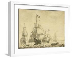 Seascape with Dutch Men-of-War including the 'Drenthe' and the 'Prince Frederick-Henry', c.1670-Willem Van De, The Younger Velde-Framed Giclee Print