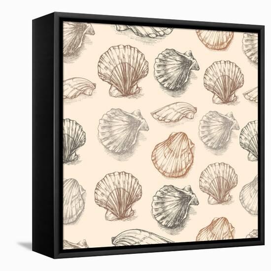 Seashells Hand Drawn Graphic Etching Sketch, Seamless Pattern, Wall-Irina Molochnaia-Framed Stretched Canvas