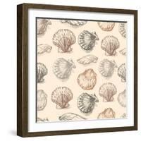 Seashells Hand Drawn Graphic Etching Sketch, Seamless Pattern, Wall-Irina Molochnaia-Framed Art Print