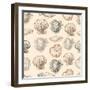 Seashells Hand Drawn Graphic Etching Sketch, Seamless Pattern, Wall-Irina Molochnaia-Framed Art Print