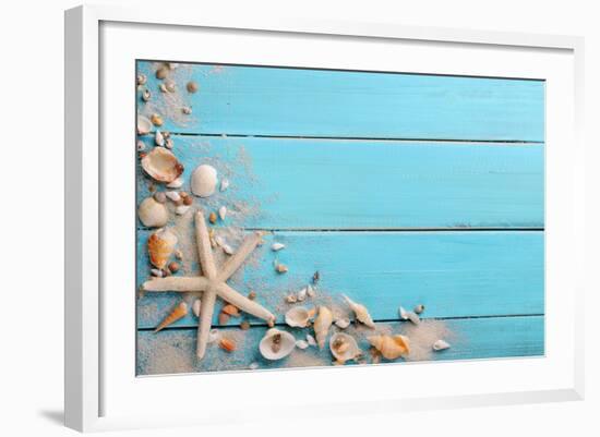 Seashells on Wooden Background-Liang Zhang-Framed Photographic Print