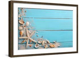 Seashells on Wooden Background-Liang Zhang-Framed Photographic Print