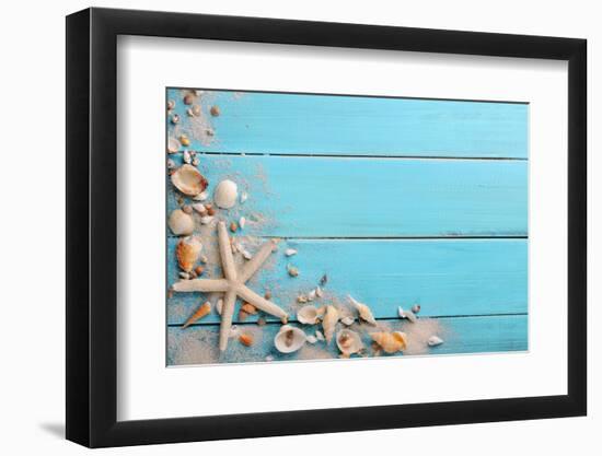 Seashells on Wooden Background-Liang Zhang-Framed Photographic Print