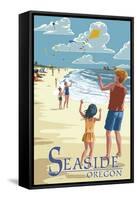 Seaside, Oregon - Kite Flyers-Lantern Press-Framed Stretched Canvas