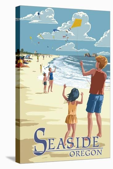 Seaside, Oregon - Kite Flyers-Lantern Press-Stretched Canvas