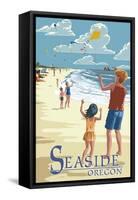 Seaside, Oregon - Kite Flyers-Lantern Press-Framed Stretched Canvas