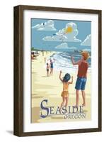 Seaside, Oregon - Kite Flyers-Lantern Press-Framed Art Print