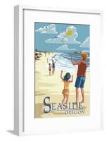 Seaside, Oregon - Kite Flyers-Lantern Press-Framed Art Print