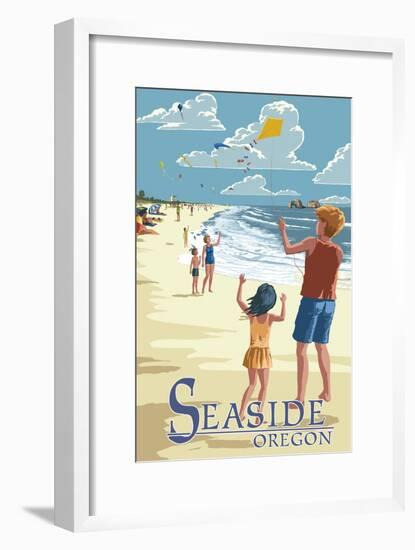 Seaside, Oregon - Kite Flyers-Lantern Press-Framed Art Print
