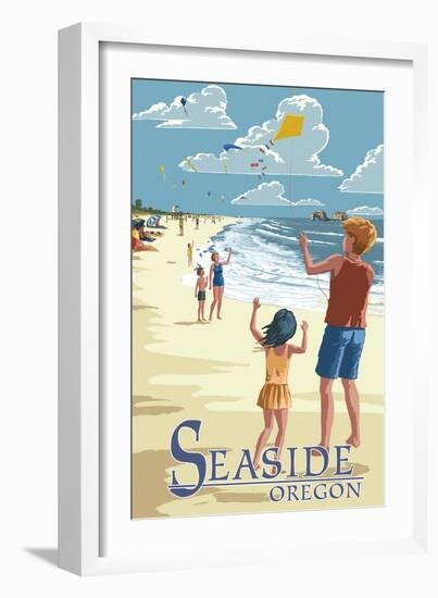 Seaside, Oregon - Kite Flyers-Lantern Press-Framed Art Print