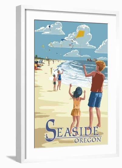 Seaside, Oregon - Kite Flyers-Lantern Press-Framed Art Print