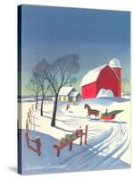 Season's Greetings, Sleigh and Farm-null-Stretched Canvas