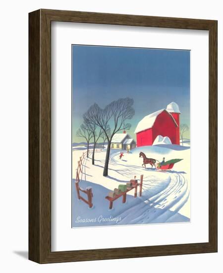 Season's Greetings, Sleigh and Farm-null-Framed Art Print