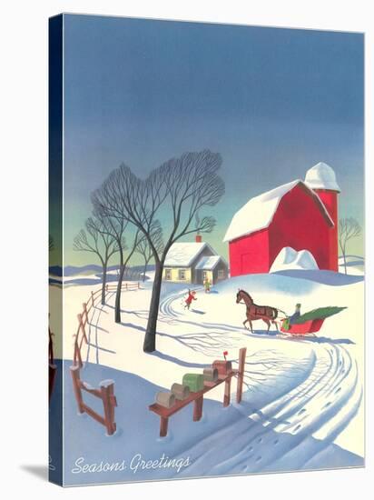 Season's Greetings, Sleigh and Farm-null-Stretched Canvas
