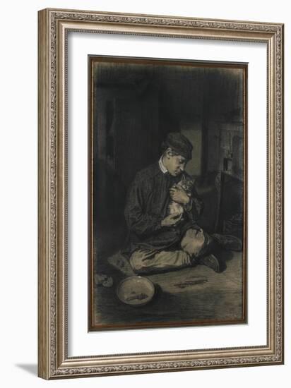 Seated Boy Holding a Cat (Recto); Study of Kittens and a Plate of Milk (Verso), C. 1874-1880-Francois Bonvin-Framed Giclee Print