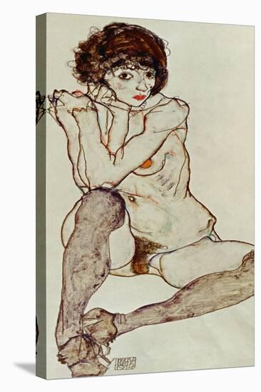 Seated Female Nude, Elbows Resting on Right Knee, 1914-Egon Schiele-Stretched Canvas