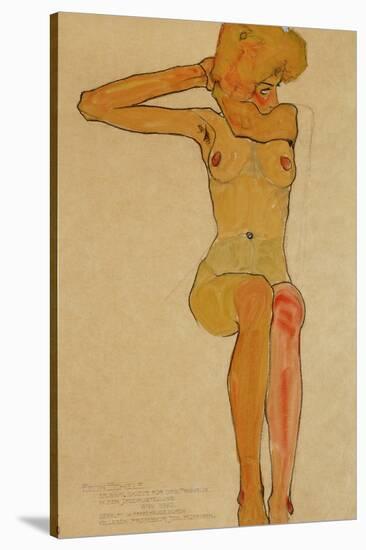 Seated Female Nude with Raised Right Arm, 1910-Egon Schiele-Stretched Canvas