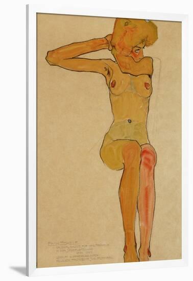 Seated Female Nude with Raised Right Arm, 1910-Egon Schiele-Framed Giclee Print