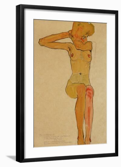 Seated Female Nude with Raised Right Arm, 1910-Egon Schiele-Framed Giclee Print
