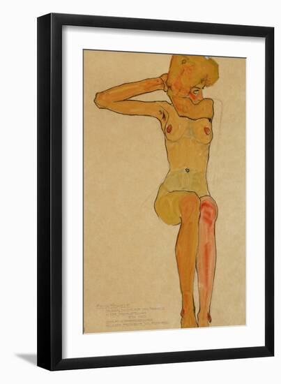 Seated Female Nude with Raised Right Arm, 1910-Egon Schiele-Framed Premium Giclee Print