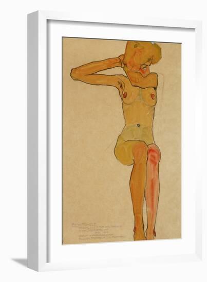 Seated Female Nude with Raised Right Arm, 1910-Egon Schiele-Framed Premium Giclee Print