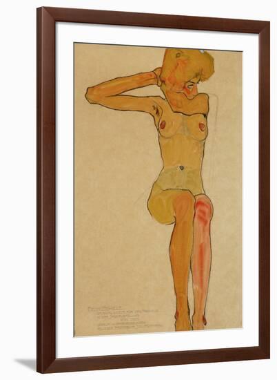 Seated Female Nude with Raised Right Arm, 1910-Egon Schiele-Framed Giclee Print