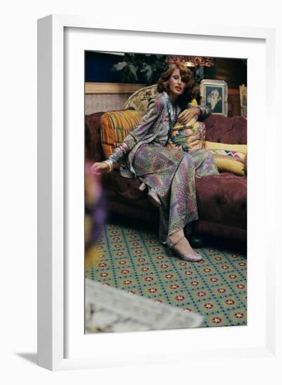 Seated Model Wearing a Lurex Suit in a Colorful Mosaic Print-Kourken Pakchanian-Framed Premium Giclee Print