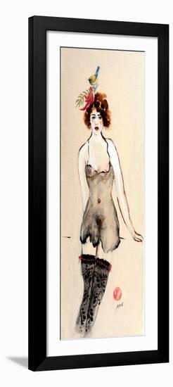 Seated Nude in Black Stockings with Flower and Bird, (I) 2015-Susan Adams-Framed Giclee Print