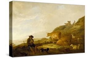 Seated Shepherd with Cows and Sheep in a Meadow, 1644 (Oil on Oak Panel)-Aelbert Cuyp-Stretched Canvas