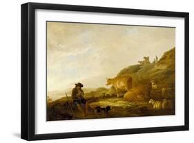 Seated Shepherd with Cows and Sheep in a Meadow, 1644 (Oil on Oak Panel)-Aelbert Cuyp-Framed Giclee Print