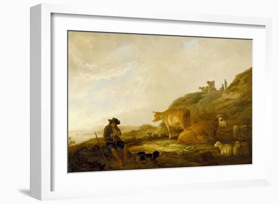 Seated Shepherd with Cows and Sheep in a Meadow, 1644 (Oil on Oak Panel)-Aelbert Cuyp-Framed Giclee Print