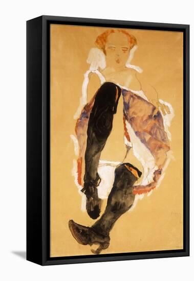 Seated Woman with Black Stockings; Sitzendes Madchen Mit Schwarzen Strumpfen, 1911-Egon Schiele-Framed Stretched Canvas
