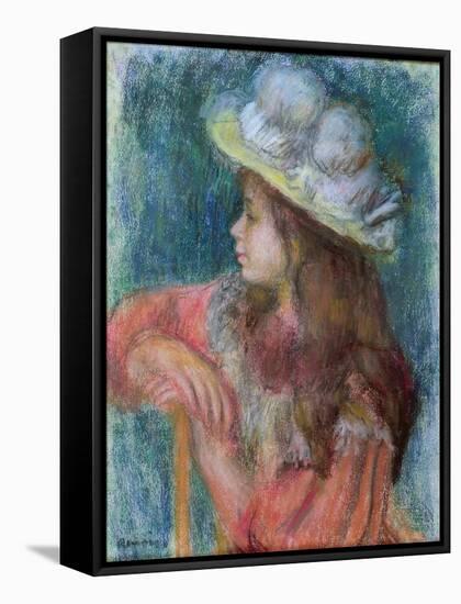 Seated Young Girl in a White Hat, 1884 (Pastel on Paper)-Pierre-Auguste Renoir-Framed Stretched Canvas