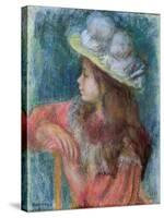Seated Young Girl in a White Hat, 1884 (Pastel on Paper)-Pierre-Auguste Renoir-Stretched Canvas