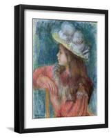 Seated Young Girl in a White Hat, 1884 (Pastel on Paper)-Pierre-Auguste Renoir-Framed Giclee Print