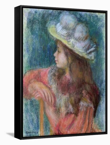 Seated Young Girl in a White Hat, 1884 (Pastel on Paper)-Pierre-Auguste Renoir-Framed Stretched Canvas