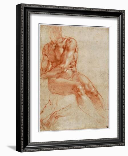 Seated Young Male Nude and Two Arm Studies, Ca 1510-1511-Michelangelo Buonarroti-Framed Giclee Print