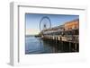 Seattle Great Wheel on Pier 57 in the foreground in late afternoon sunshine. Seattle, Washington St-Frank Fell-Framed Photographic Print