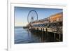 Seattle Great Wheel on Pier 57 in the foreground in late afternoon sunshine. Seattle, Washington St-Frank Fell-Framed Photographic Print