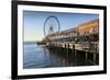 Seattle Great Wheel on Pier 57 in the foreground in late afternoon sunshine. Seattle, Washington St-Frank Fell-Framed Photographic Print