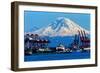 Seattle Port with Red Cranes and Ships Barges Pier and Dock Mt Rainier in the Background-William Perry-Framed Photographic Print