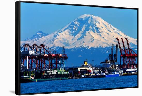 Seattle Port with Red Cranes and Ships Barges Pier and Dock Mt Rainier in the Background-William Perry-Framed Stretched Canvas
