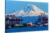 Seattle Port with Red Cranes and Ships Barges Pier and Dock Mt Rainier in the Background-William Perry-Stretched Canvas