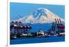 Seattle Port with Red Cranes and Ships Barges Pier and Dock Mt Rainier in the Background-William Perry-Framed Photographic Print