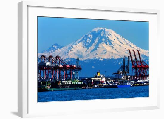 Seattle Port with Red Cranes and Ships Barges Pier and Dock Mt Rainier in the Background-William Perry-Framed Photographic Print