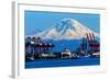 Seattle Port with Red Cranes and Ships Barges Pier and Dock Mt Rainier in the Background-William Perry-Framed Photographic Print