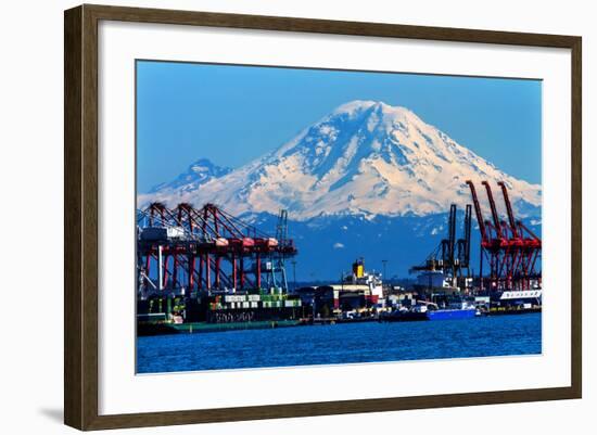 Seattle Port with Red Cranes and Ships Barges Pier and Dock Mt Rainier in the Background-William Perry-Framed Photographic Print