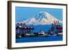 Seattle Port with Red Cranes and Ships Barges Pier and Dock Mt Rainier in the Background-William Perry-Framed Photographic Print